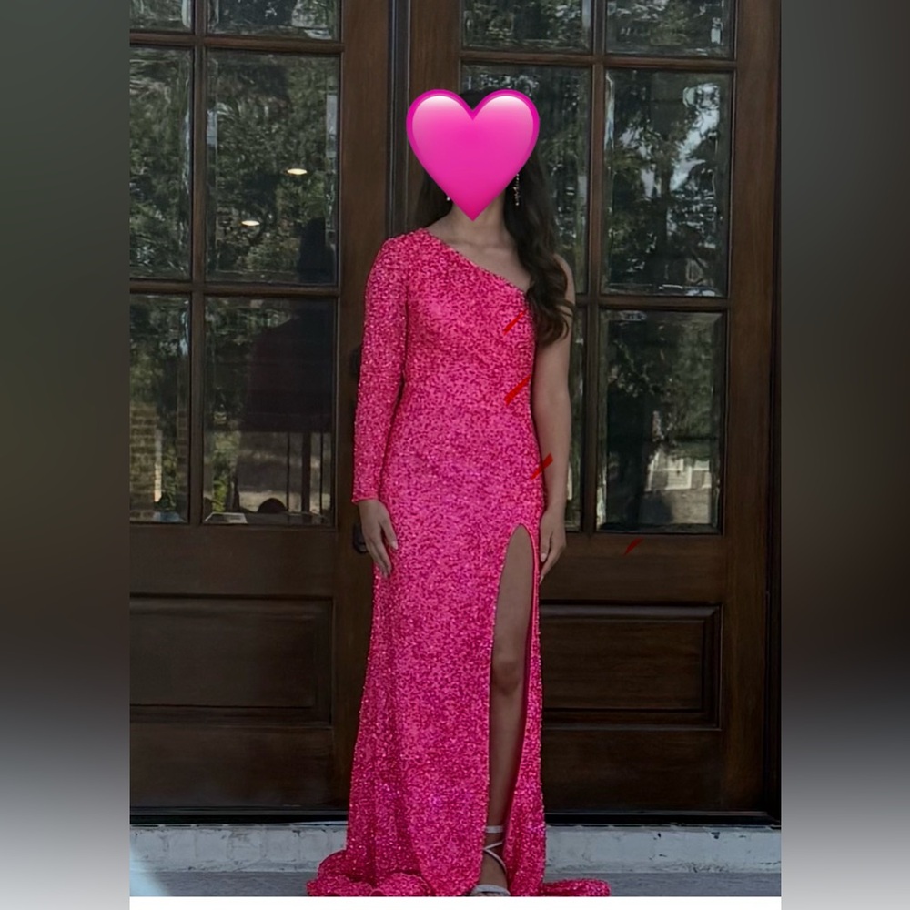 Formal Prom Dress Hot Pink Gown One Sleeve Sequins Size‎ 00 Ashley Lauren
